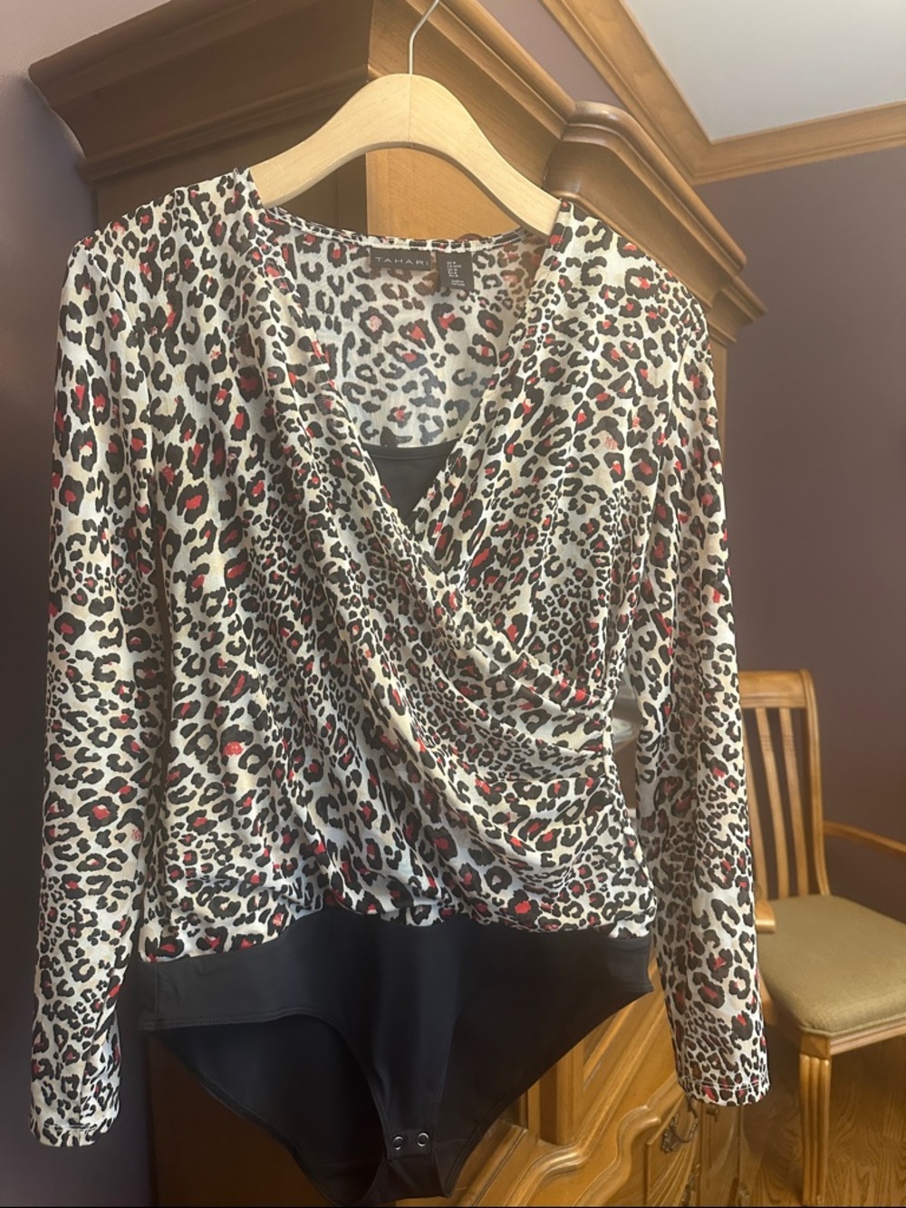 Tahari Leopard Print Draped Bodysuit with Red Accents